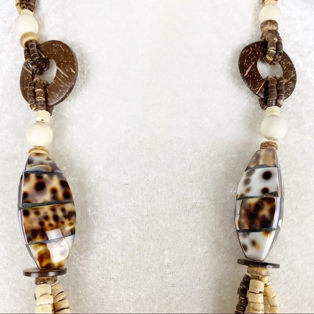 Bohemian Boho Wood Shell Statement Necklace
